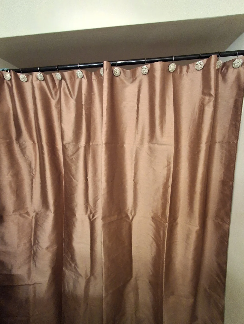 Silk-Look Shower Curtain in Warm Bronze With Mosaic Hooks